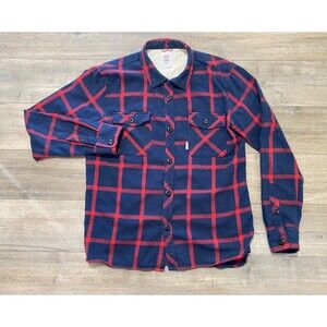 Topo Designs Mountain Shirt Mens Medium Blue Red Plaid Flannel Organic Cotton